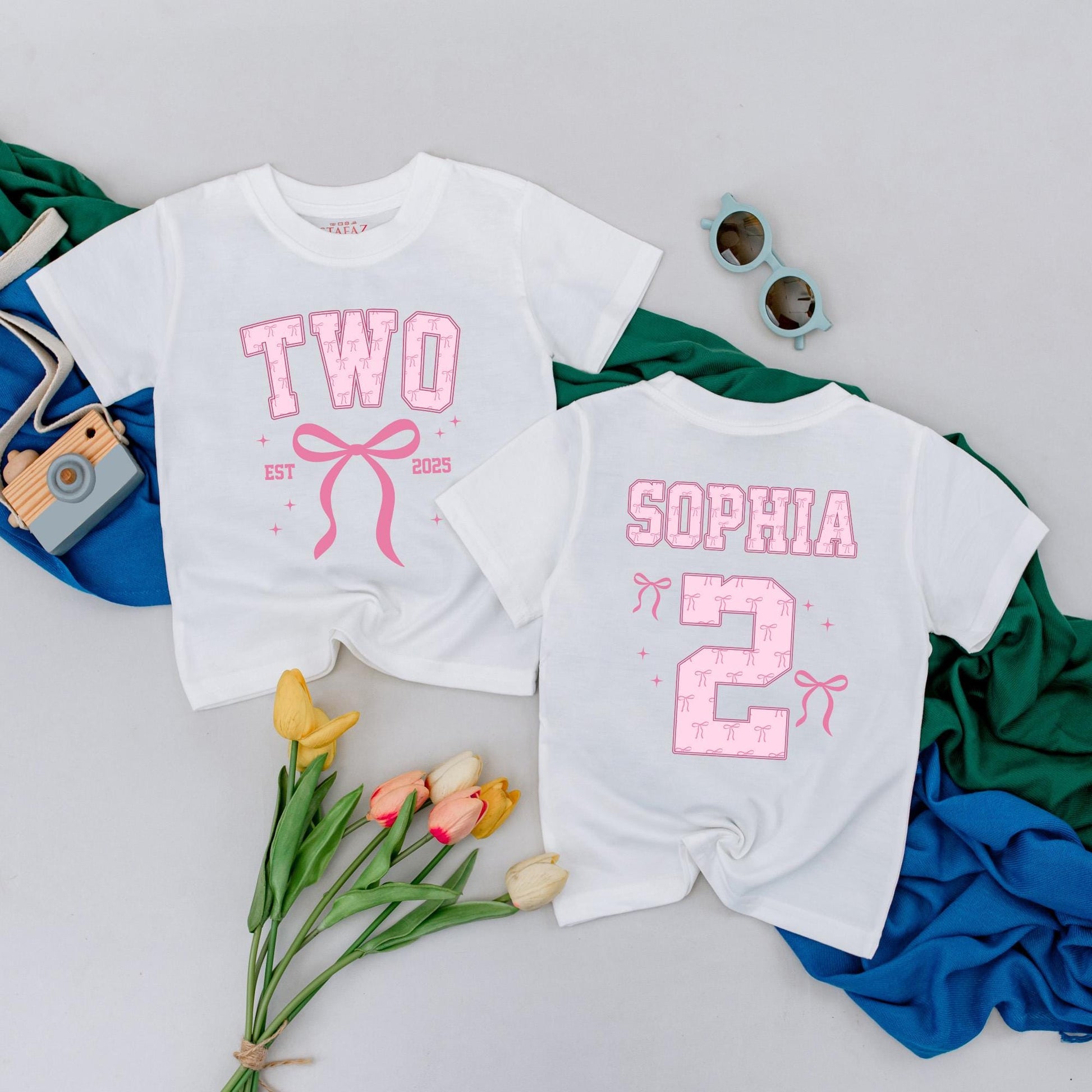 Sophia's Second Birthday Girl T-Shirt with Pink Bow TWO Design! Adorable 2nd Birthday Outfit, Personalized Party Tee & Star Details—A Special Gift! (139)