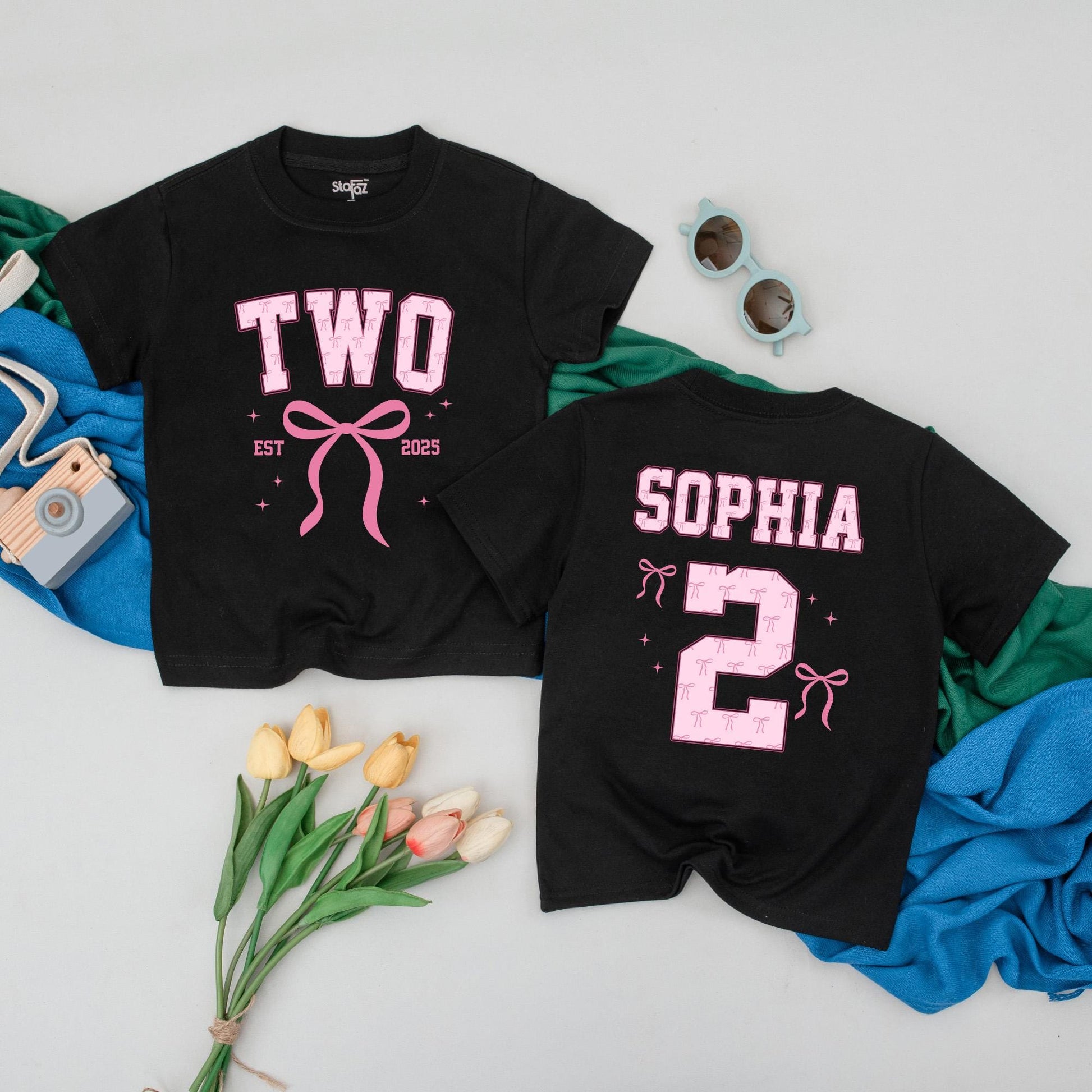 Sophia's Second Birthday Girl T-Shirt with Pink Bow TWO Design! Adorable 2nd Birthday Outfit, Personalized Party Tee & Star Details—A Special Gift! (139)