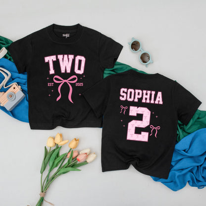 Sophia's Second Birthday Girl T-Shirt with Pink Bow TWO Design! Adorable 2nd Birthday Outfit, Personalized Party Tee & Star Details—A Special Gift! (139)