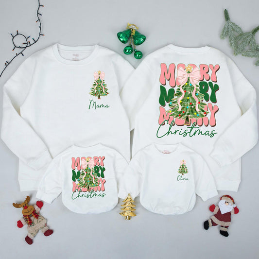 Personalized Mama Baby Christmas Sweatshirts Matching Family Holiday Tree Pink Bow Tinsel Design Festive Cozy First Xmas Celebration Outfit