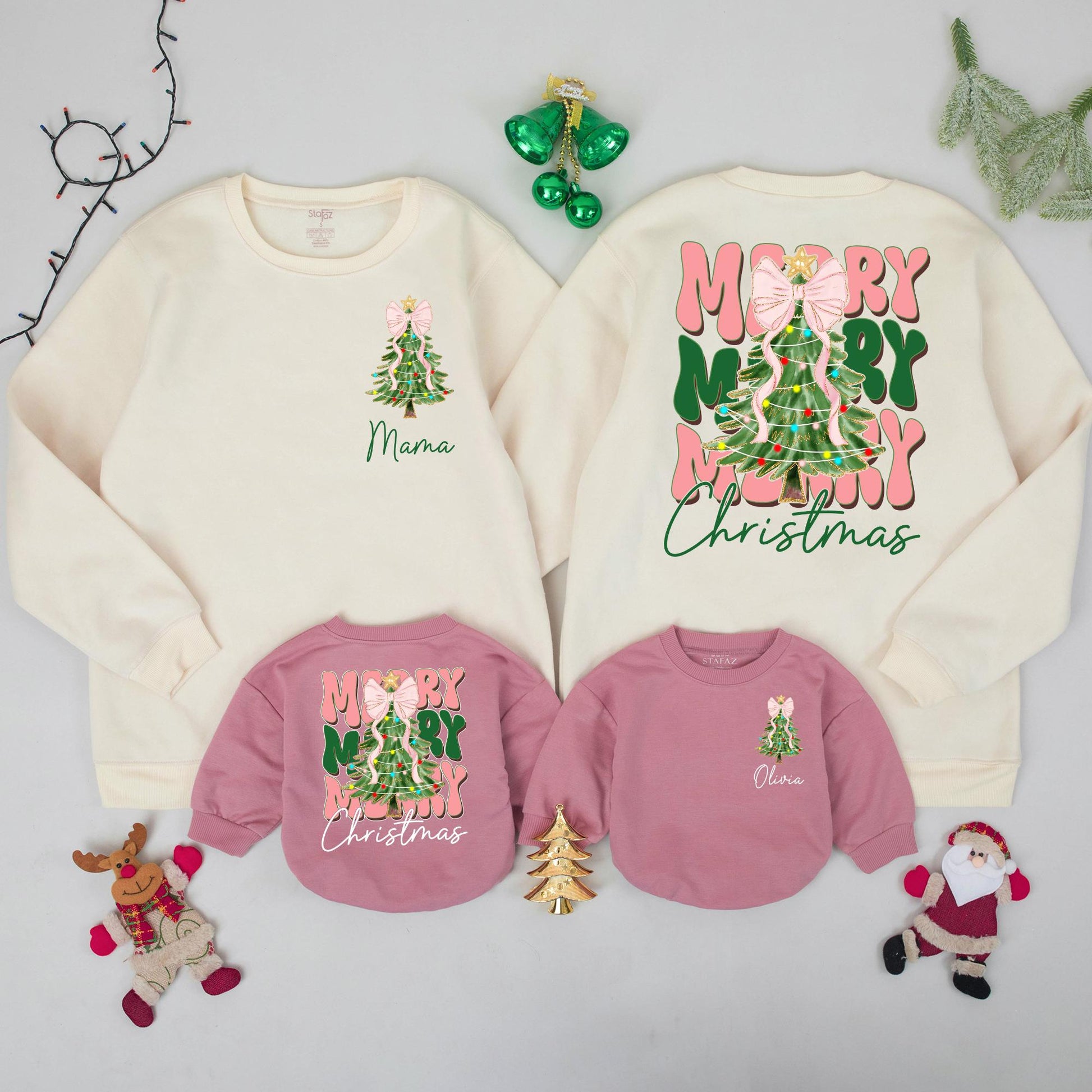 Personalized Mama Baby Christmas Sweatshirts Matching Family Holiday Tree Pink Bow Tinsel Design Festive Cozy First Xmas Celebration Outfit