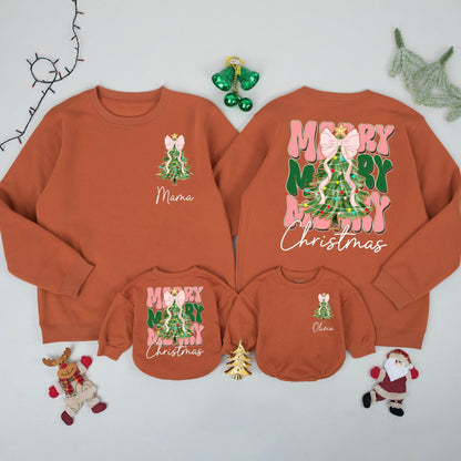 Personalized Mama Baby Christmas Sweatshirts Matching Family Holiday Tree Pink Bow Tinsel Design Festive Cozy First Xmas Celebration Outfit