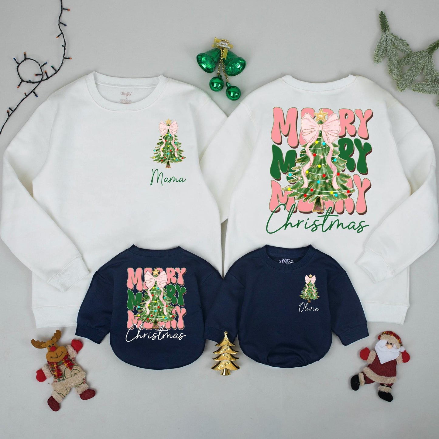 Personalized Mama Baby Christmas Sweatshirts Matching Family Holiday Tree Pink Bow Tinsel Design Festive Cozy First Xmas Celebration Outfit