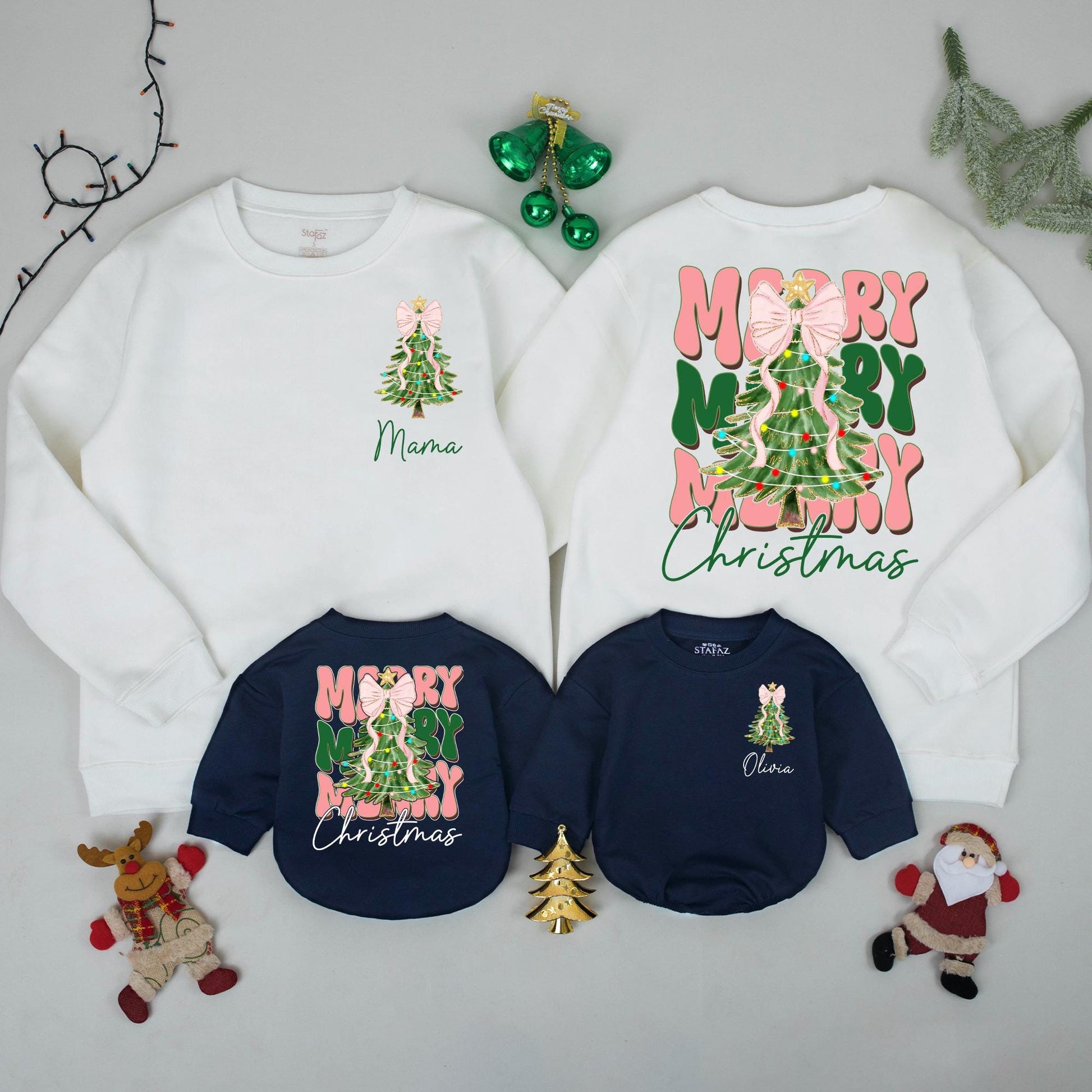 Personalized Mama Baby Christmas Sweatshirts Matching Family Holiday Tree Pink Bow Tinsel Design Festive Cozy First Xmas Celebration Outfit