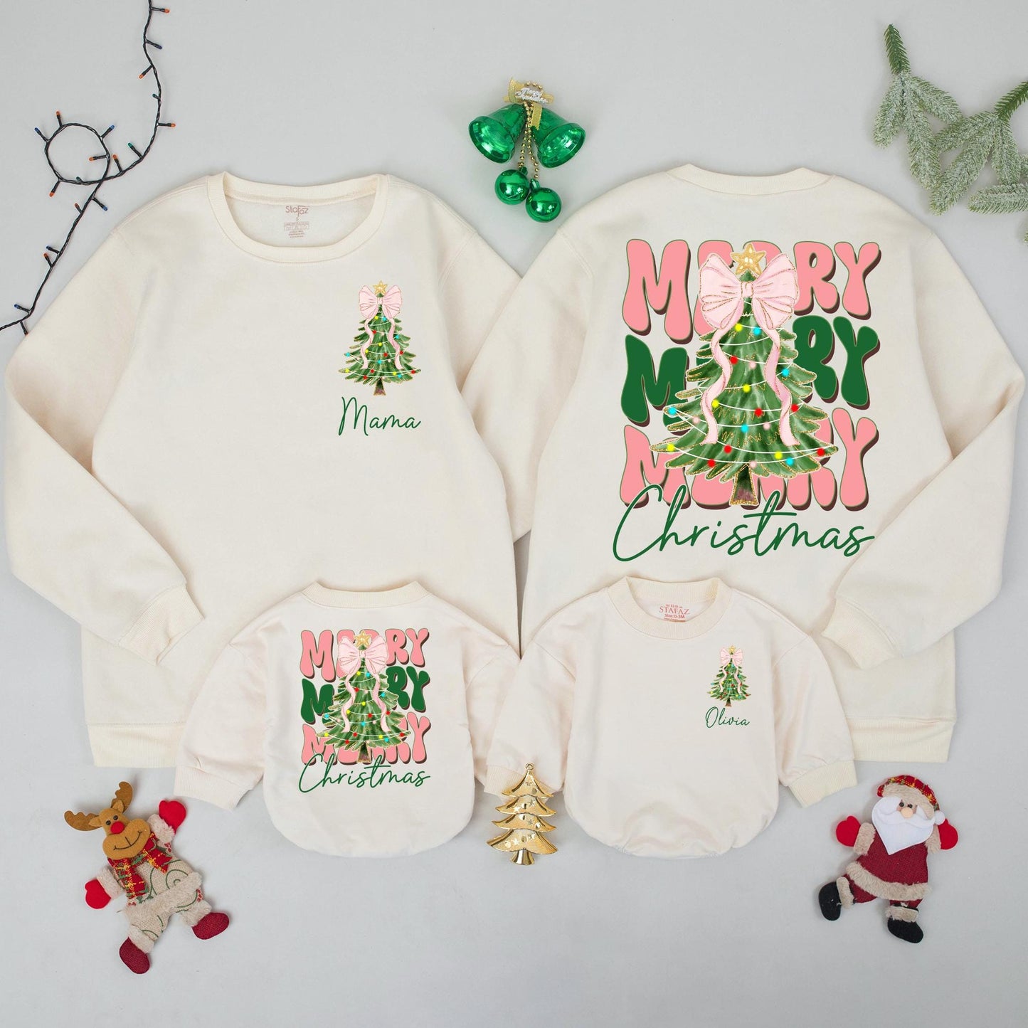 Personalized Mama Baby Christmas Sweatshirts Matching Family Holiday Tree Pink Bow Tinsel Design Festive Cozy First Xmas Celebration Outfit