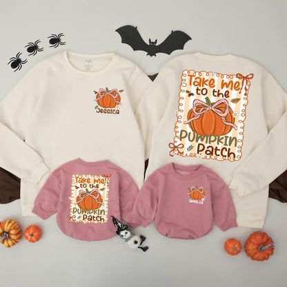 Matching Pumpkin Patch Sweaters Mommy and Me Fall Family Outfit with Orange Pumpkin Bow Design, Take Me To The Patch, Fall Season