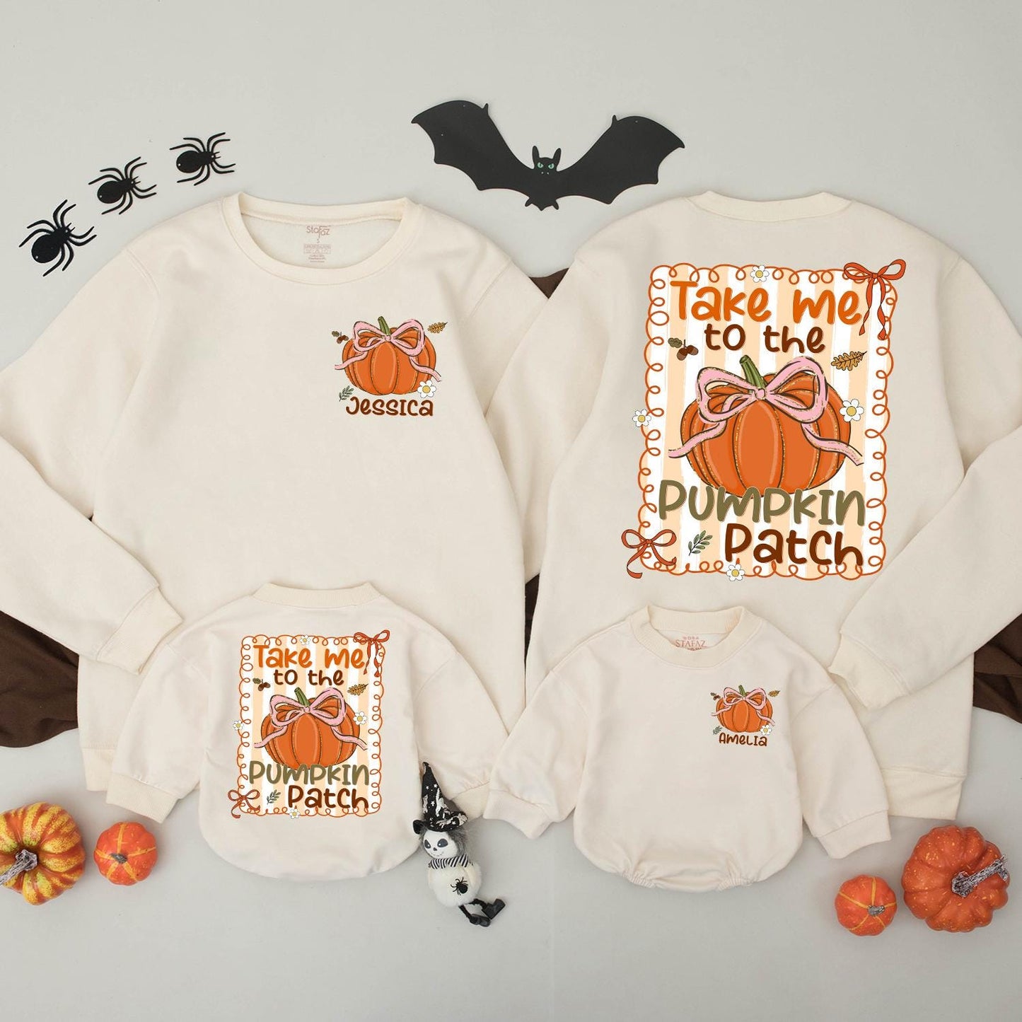 Matching Pumpkin Patch Sweaters Mommy and Me Fall Family Outfit with Orange Pumpkin Bow Design, Take Me To The Patch, Fall Season