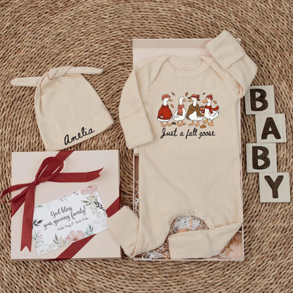 Just a Fall Goose Baby Bodysuit - Funny Autumn Geese Outfit Personalized Thanksgiving Newborn Clothes Warm Colors Cute Romper Gift  (137 chars)