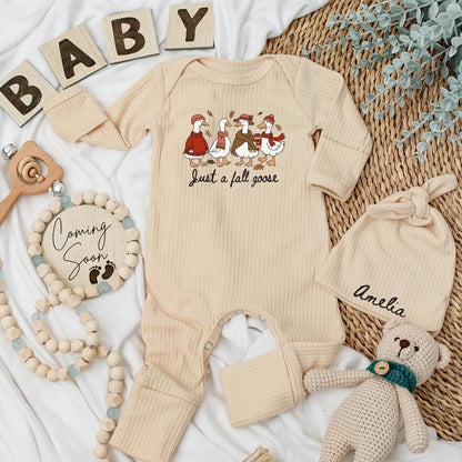 Just a Fall Goose Baby Bodysuit - Funny Autumn Geese Outfit Personalized Thanksgiving Newborn Clothes Warm Colors Cute Romper Gift  (137 chars)