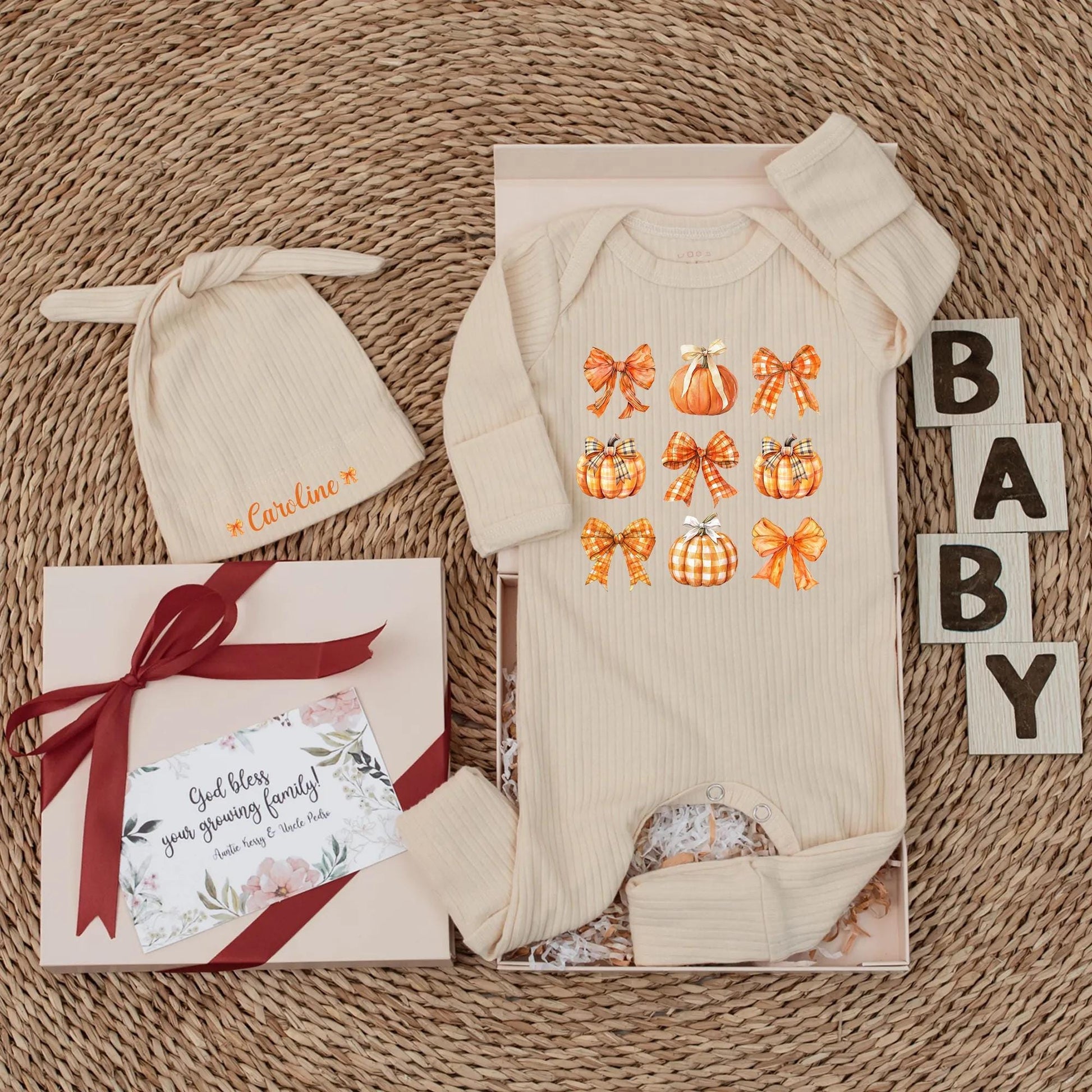 Personalized Pumpkin Baby Girl Bodysuit Cute Autumn Plaid Pumpkin Bow Fall Season Newborn Romper Baby Shower Gift