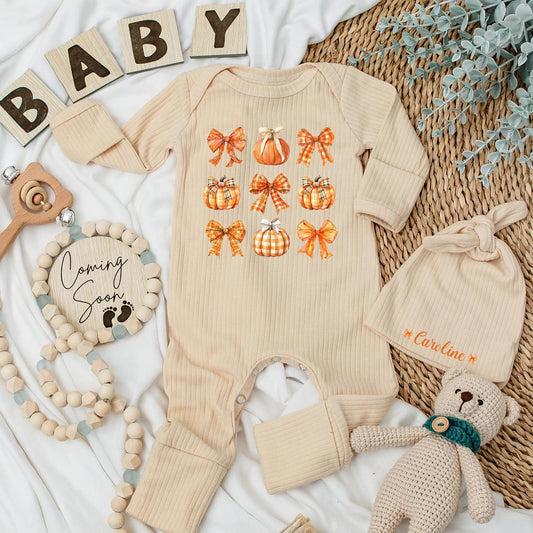 Personalized Pumpkin Baby Girl Bodysuit Cute Autumn Plaid Pumpkin Bow Fall Season Newborn Romper Baby Shower Gift