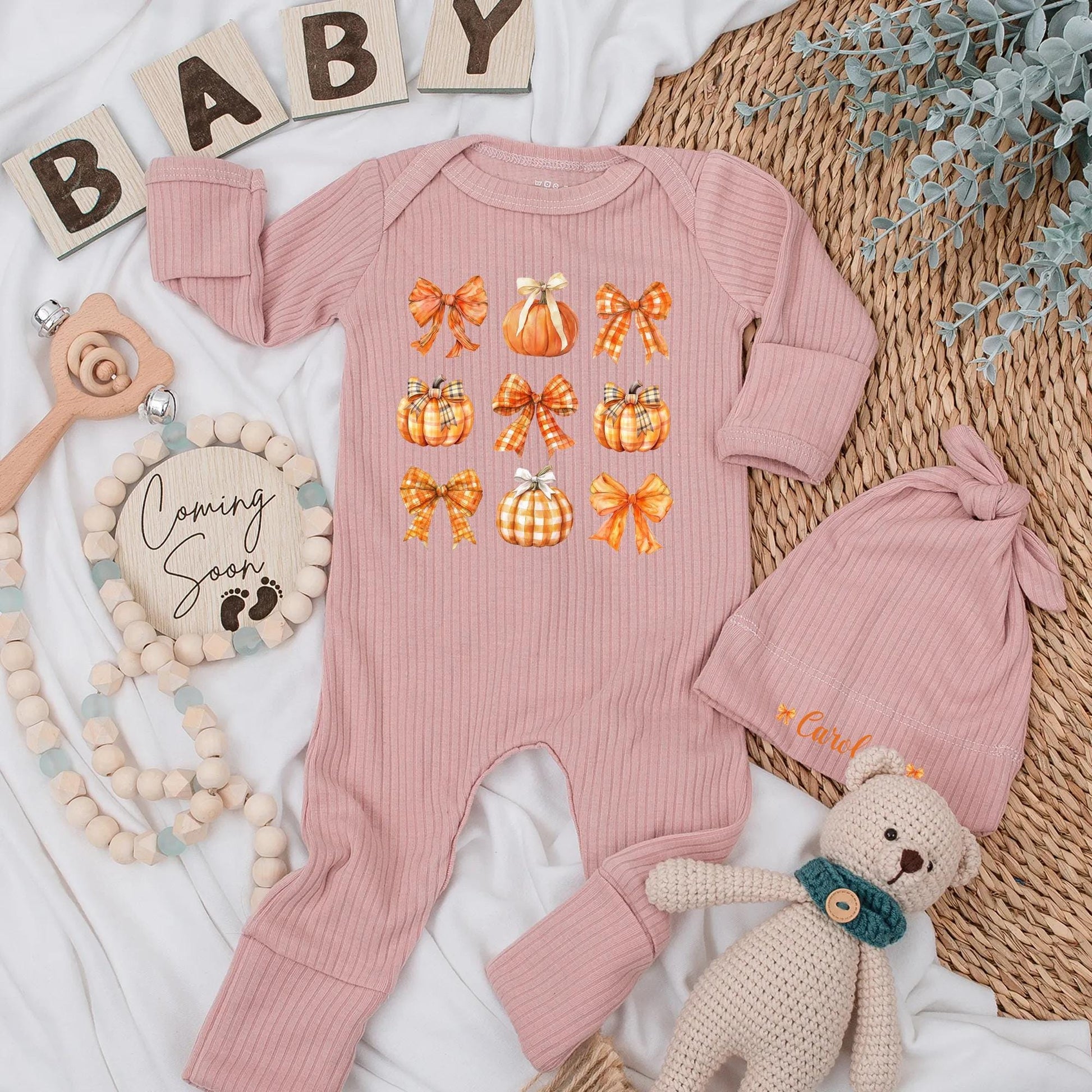 Personalized Pumpkin Baby Girl Bodysuit Cute Autumn Plaid Pumpkin Bow Fall Season Newborn Romper Baby Shower Gift