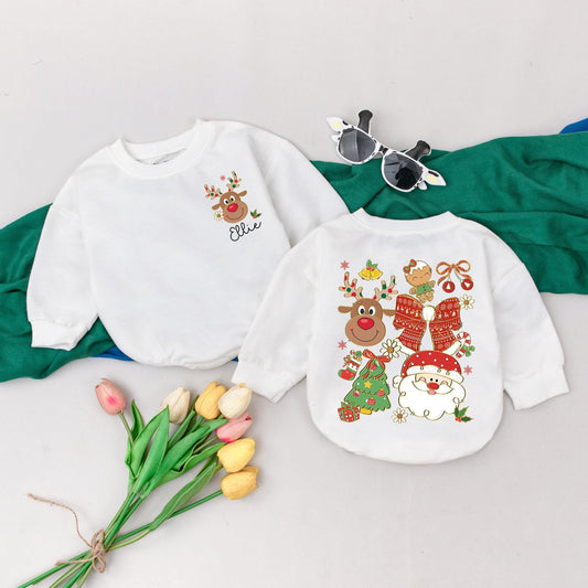 Personalized Baby Retro Christmas Romper with an Added Name Whimsical Reindeer Snowflakes Gingerbread First Holiday Bodysuit Infant Winter Outfit