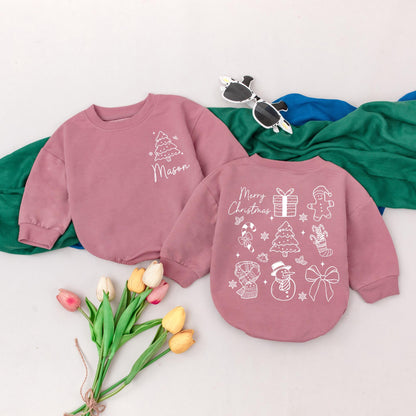 Personalized Retro Merry Christmas Romper Baby Girl Outfit Custom Name 'Mason' First Xmas Bodysuit Gift