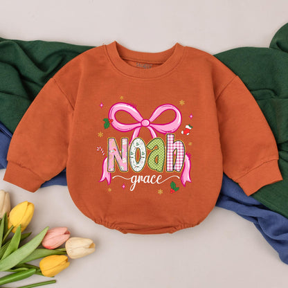Noah Grace Personalized Romper, Pink Bow Baby Girl First Christmas Outfit, Whimsical Holiday Bodysuit, Cute Newborn Gift, Custom Name Bodysuit (139 chars)