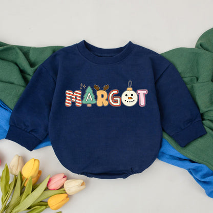 Personalized Name Christmas Romper First Christmas Bodysuit Newborn Baby Girl Boy Playful Whimsical Festive Tree Snowman Design Red Green Yellow Colors Baby Shower Gift