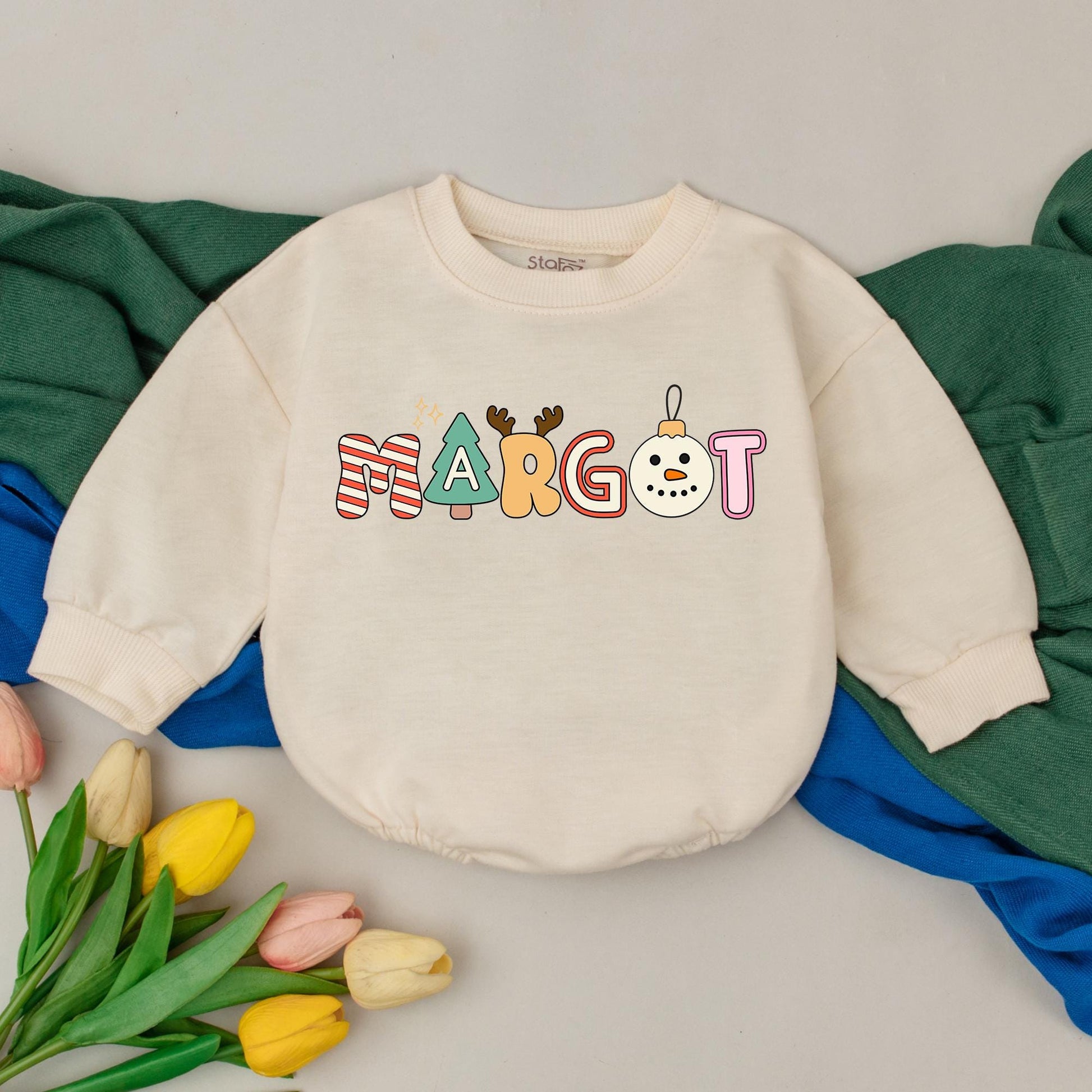 Personalized Name Christmas Romper First Christmas Bodysuit Newborn Baby Girl Boy Playful Whimsical Festive Tree Snowman Design Red Green Yellow Colors Baby Shower Gift