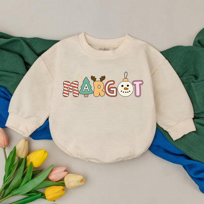 Personalized Name Christmas Romper First Christmas Bodysuit Newborn Baby Girl Boy Playful Whimsical Festive Tree Snowman Design Red Green Yellow Colors Baby Shower Gift