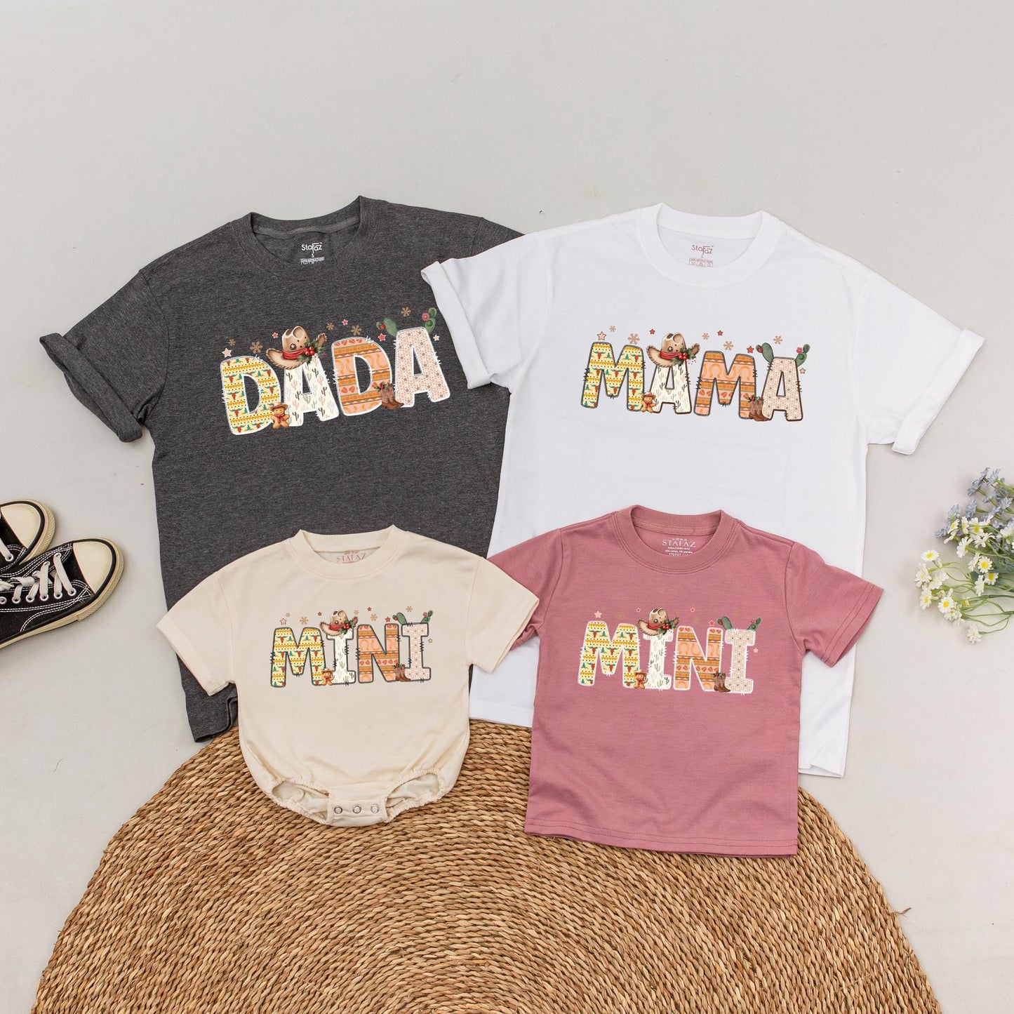 Personalized Howdy Christmas Family T-Shirt Retro Southwestern Desert Vibes DADA MAMA MINI Cowboy Boots Cacti Stars Warm Tones Vintage Western Holiday Gift