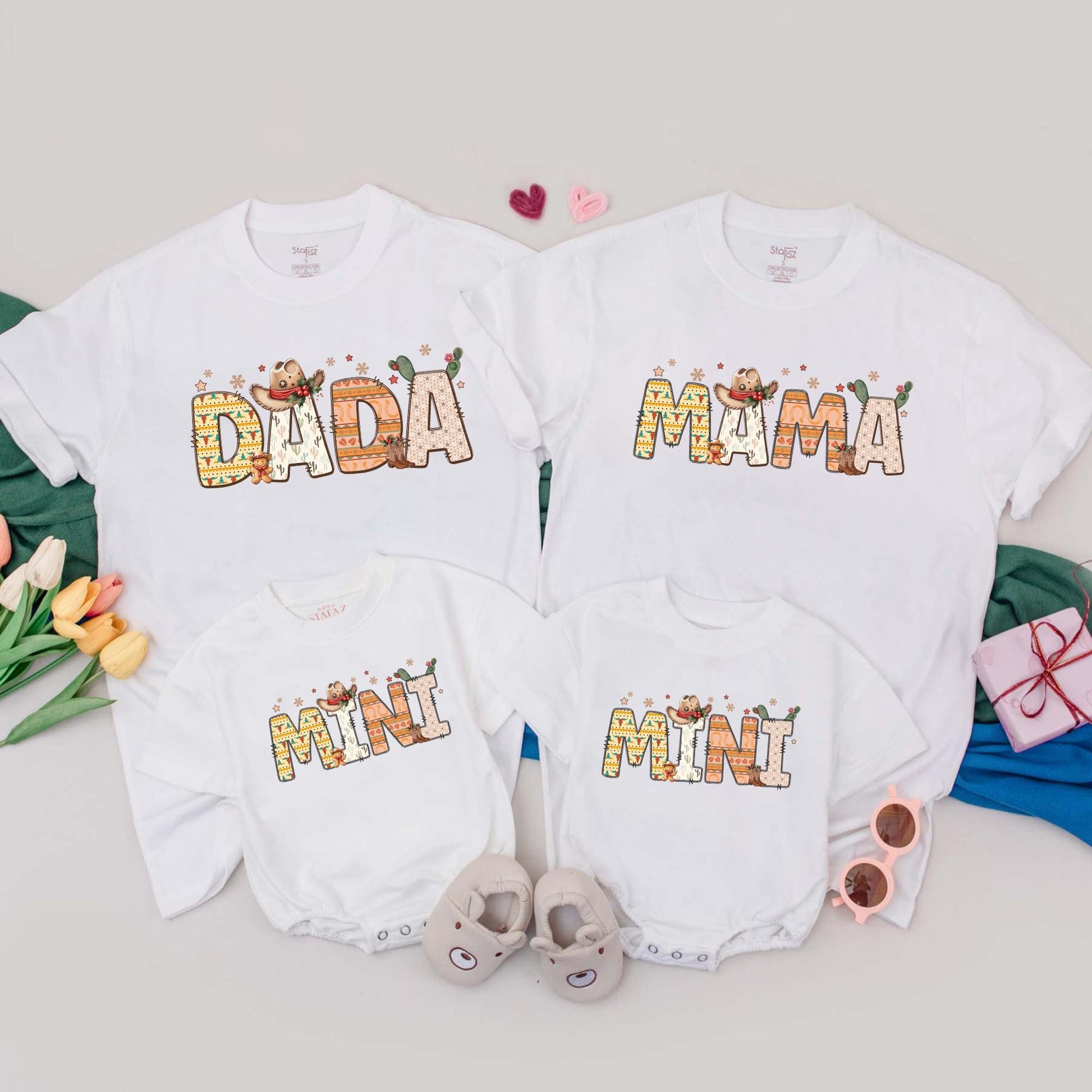 Personalized Howdy Christmas Family T-Shirt Retro Southwestern Desert Vibes DADA MAMA MINI Cowboy Boots Cacti Stars Warm Tones Vintage Western Holiday Gift