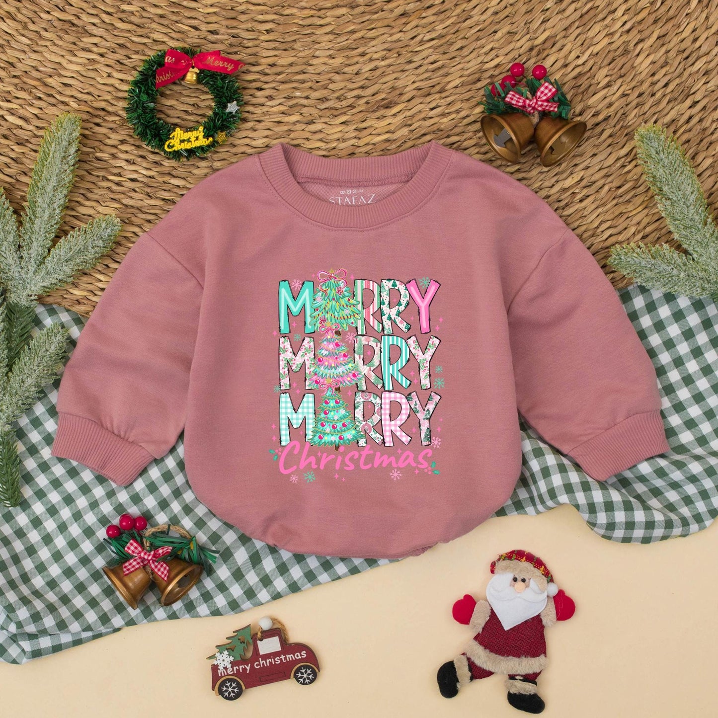 Merry Christmas Baby Romper Cute Festive Design with Trees Baby Girl Outfit Holiday Gift Adorable Whimsical Style Pink Blue Green Colors