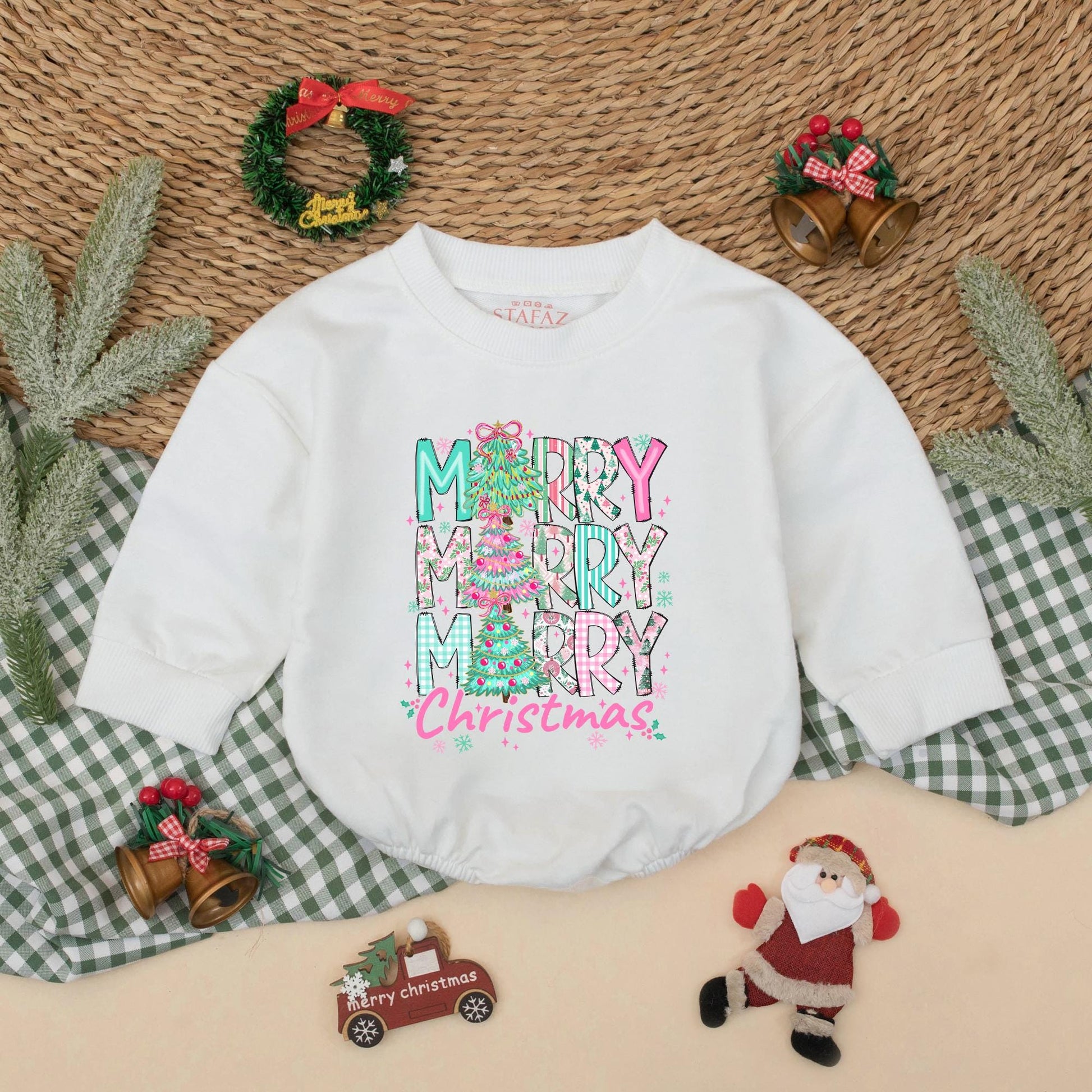 Merry Christmas Baby Romper Cute Festive Design with Trees Baby Girl Outfit Holiday Gift Adorable Whimsical Style Pink Blue Green Colors
