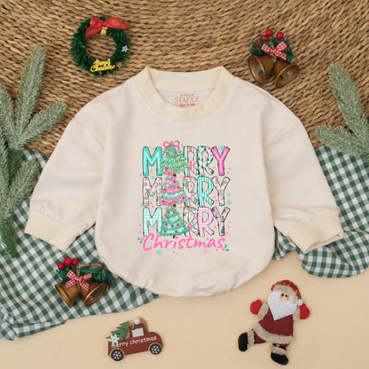 Merry Christmas Baby Romper Cute Festive Design with Trees Baby Girl Outfit Holiday Gift Adorable Whimsical Style Pink Blue Green Colors