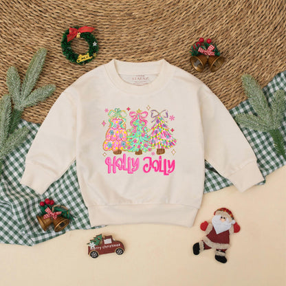 Holly Jolly Christmas Baby Girl Bubble Romper Whimsical Pastel Trees Floral Holiday Infant Bodysuit My First Xmas Outfit Festive Gift