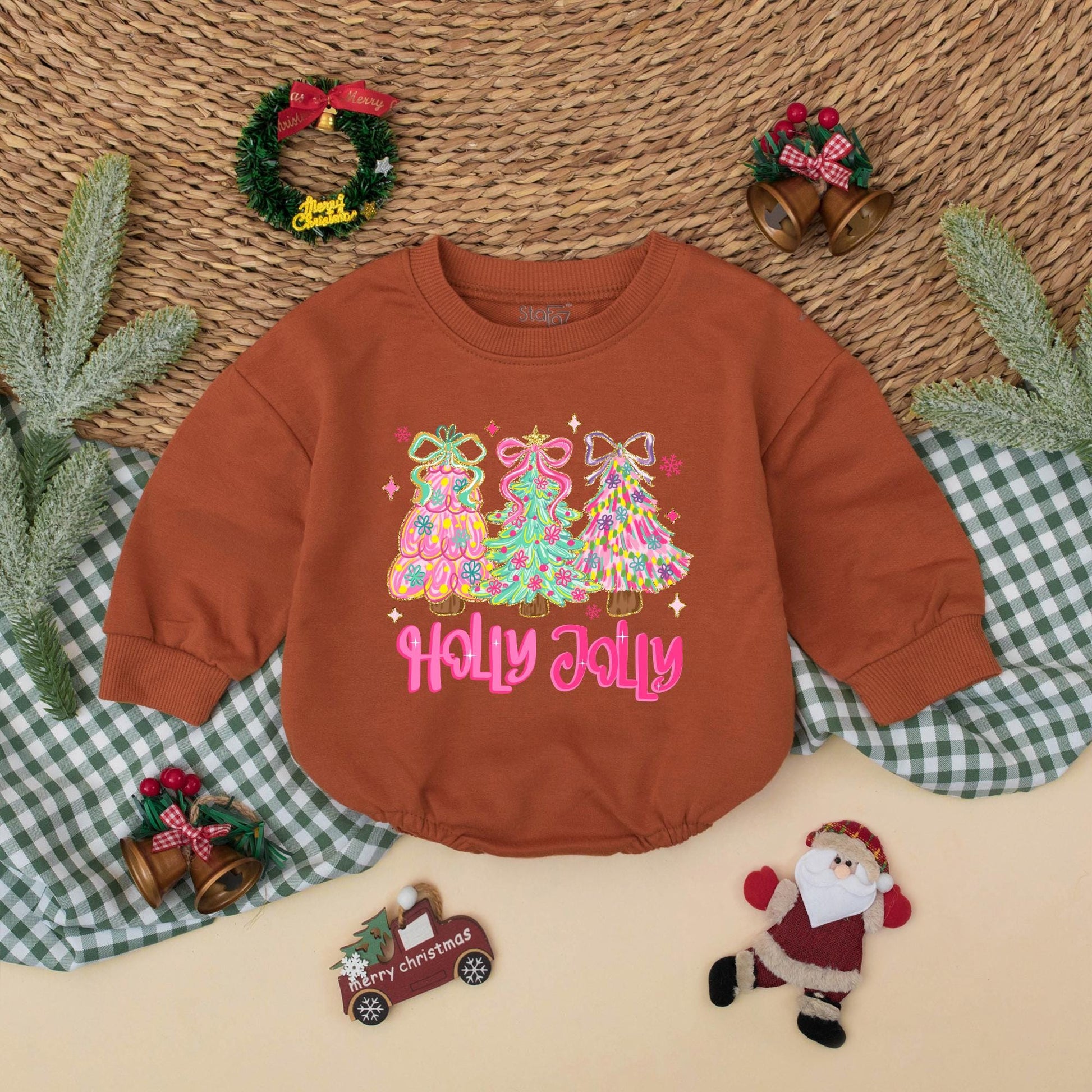 Holly Jolly Christmas Baby Girl Bubble Romper Whimsical Pastel Trees Floral Holiday Infant Bodysuit My First Xmas Outfit Festive Gift