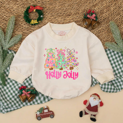 Holly Jolly Christmas Baby Girl Bubble Romper Whimsical Pastel Trees Floral Holiday Infant Bodysuit My First Xmas Outfit Festive Gift