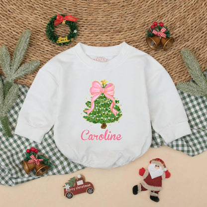 Caroline's Christmas Tree Romper, Pink Bow Holiday Outfit, Baby Girl Xmas Clothes, Cute Festive Design, Personalized First Christmas Gift, Toddler Clothes