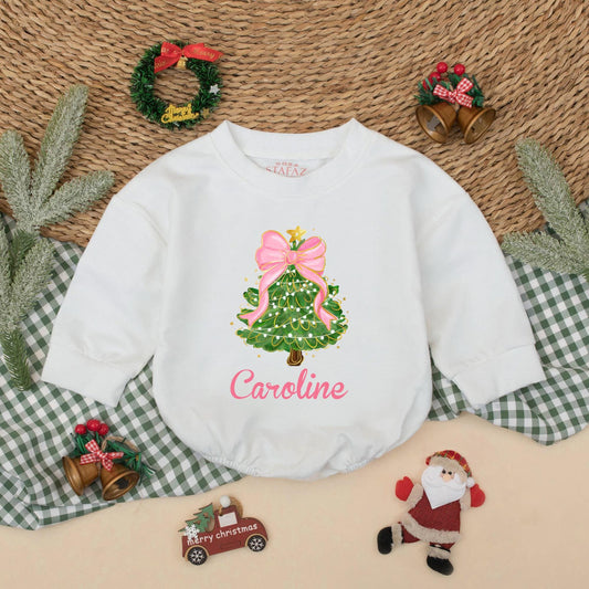 Caroline's Christmas Tree Romper, Pink Bow Holiday Outfit, Baby Girl Xmas Clothes, Cute Festive Design, Personalized First Christmas Gift, Toddler Clothes