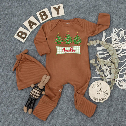 Personalized Christmas Tree Baby Bodysuit Hat Set with Your Baby's Name, Newborn Girl Festive Outfit Green Trees White Lights Red Bows