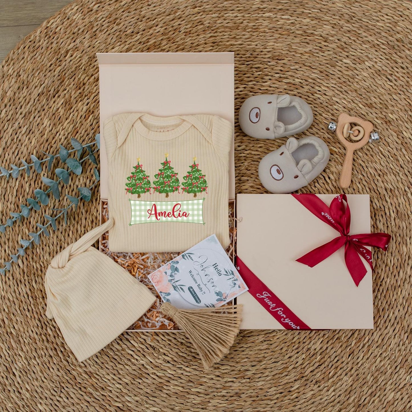 Personalized Christmas Tree Baby Bodysuit Hat Set with Your Baby's Name, Newborn Girl Festive Outfit Green Trees White Lights Red Bows