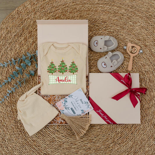 Personalized Christmas Tree Baby Bodysuit Hat Set with Your Baby's Name, Newborn Girl Festive Outfit Green Trees White Lights Red Bows