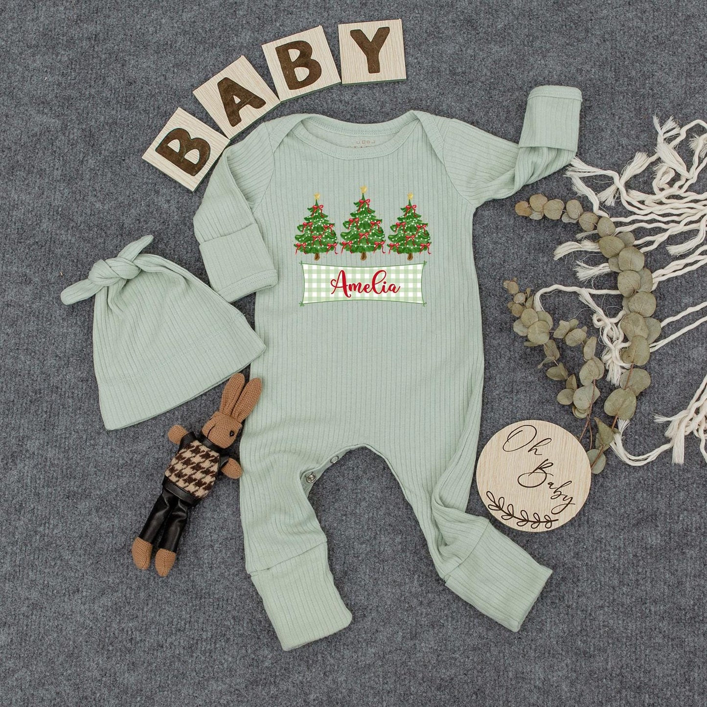 Personalized Christmas Tree Baby Bodysuit Hat Set with Your Baby's Name, Newborn Girl Festive Outfit Green Trees White Lights Red Bows