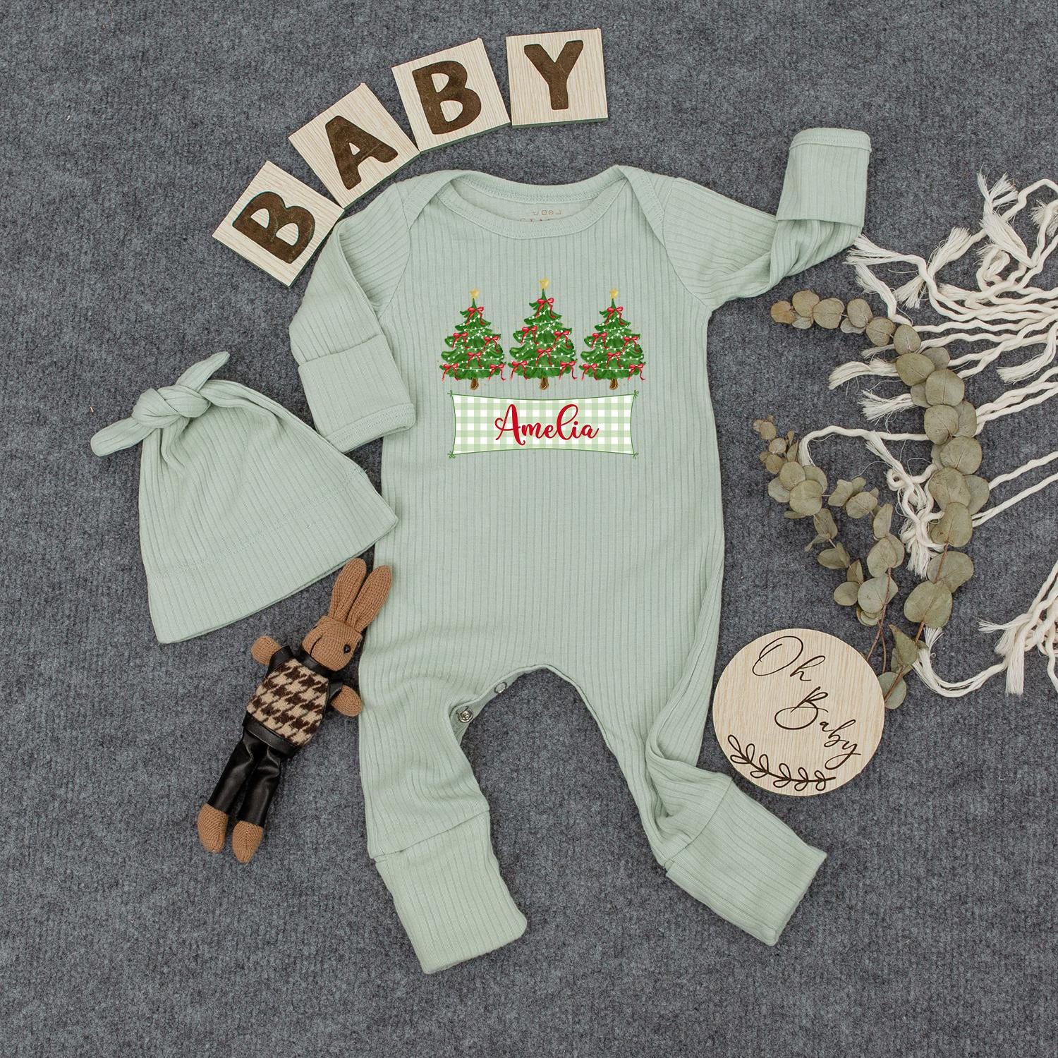 Personalized Christmas Tree Baby Bodysuit Hat Set with Your Baby's Name, Newborn Girl Festive Outfit Green Trees White Lights Red Bows