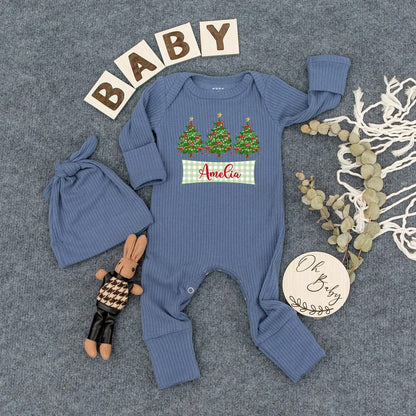 Personalized Christmas Tree Baby Bodysuit Hat Set with Your Baby's Name, Newborn Girl Festive Outfit Green Trees White Lights Red Bows