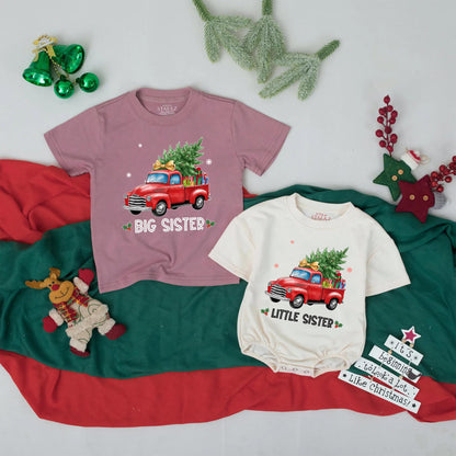 Matching Christmas Big Sister Little Sister Shirts, Vintage Truck Gift, Festive Holiday Outfit for Girls, Baby Sister Christmas Coming Home