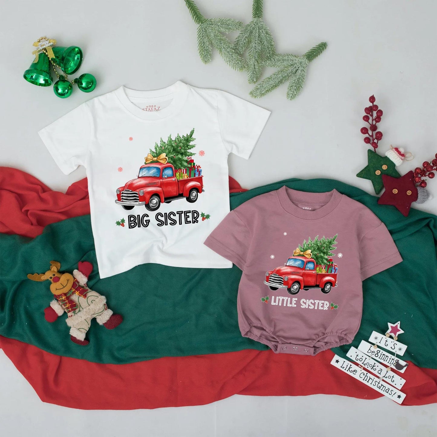 Matching Christmas Big Sister Little Sister Shirts, Vintage Truck Gift, Festive Holiday Outfit for Girls, Baby Sister Christmas Coming Home