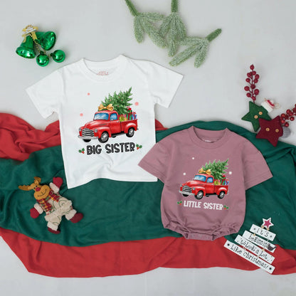 Matching Christmas Big Sister Little Sister Shirts, Vintage Truck Gift, Festive Holiday Outfit for Girls, Baby Sister Christmas Coming Home