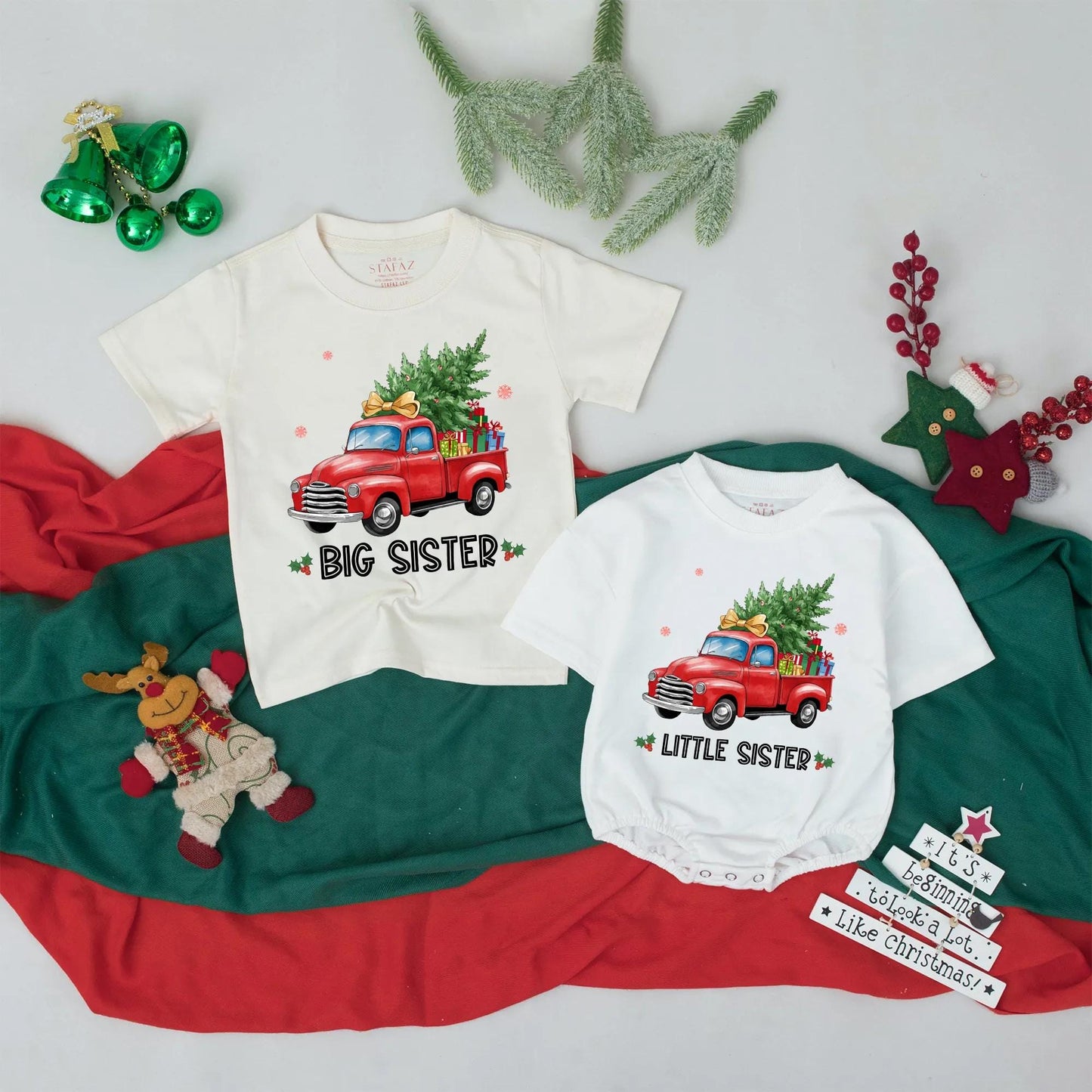 Matching Christmas Big Sister Little Sister Shirts, Vintage Truck Gift, Festive Holiday Outfit for Girls, Baby Sister Christmas Coming Home