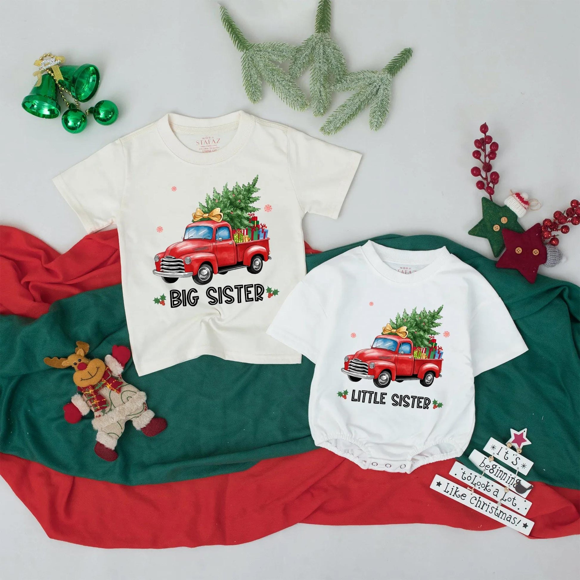 Matching Christmas Big Sister Little Sister Shirts, Vintage Truck Gift, Festive Holiday Outfit for Girls, Baby Sister Christmas Coming Home