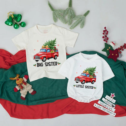 Matching Christmas Big Sister Little Sister Shirts, Vintage Truck Gift, Festive Holiday Outfit for Girls, Baby Sister Christmas Coming Home