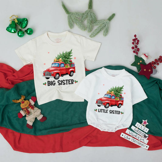 Matching Christmas Big Sister Little Sister Shirts, Vintage Truck Gift, Festive Holiday Outfit for Girls, Baby Sister Christmas Coming Home