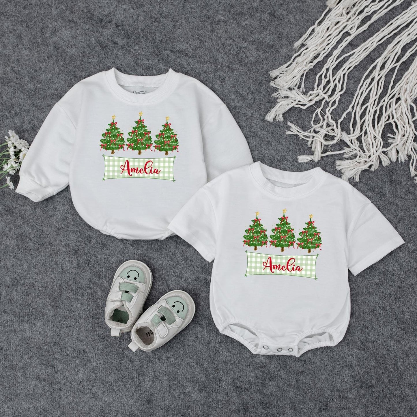 Personalized Baby's First Christmas Romper with Checkered Banner & Trees | Custom Name Xmas Outfit Cute Newborn Holiday Gift Bodysuit for Amelia 139 chars