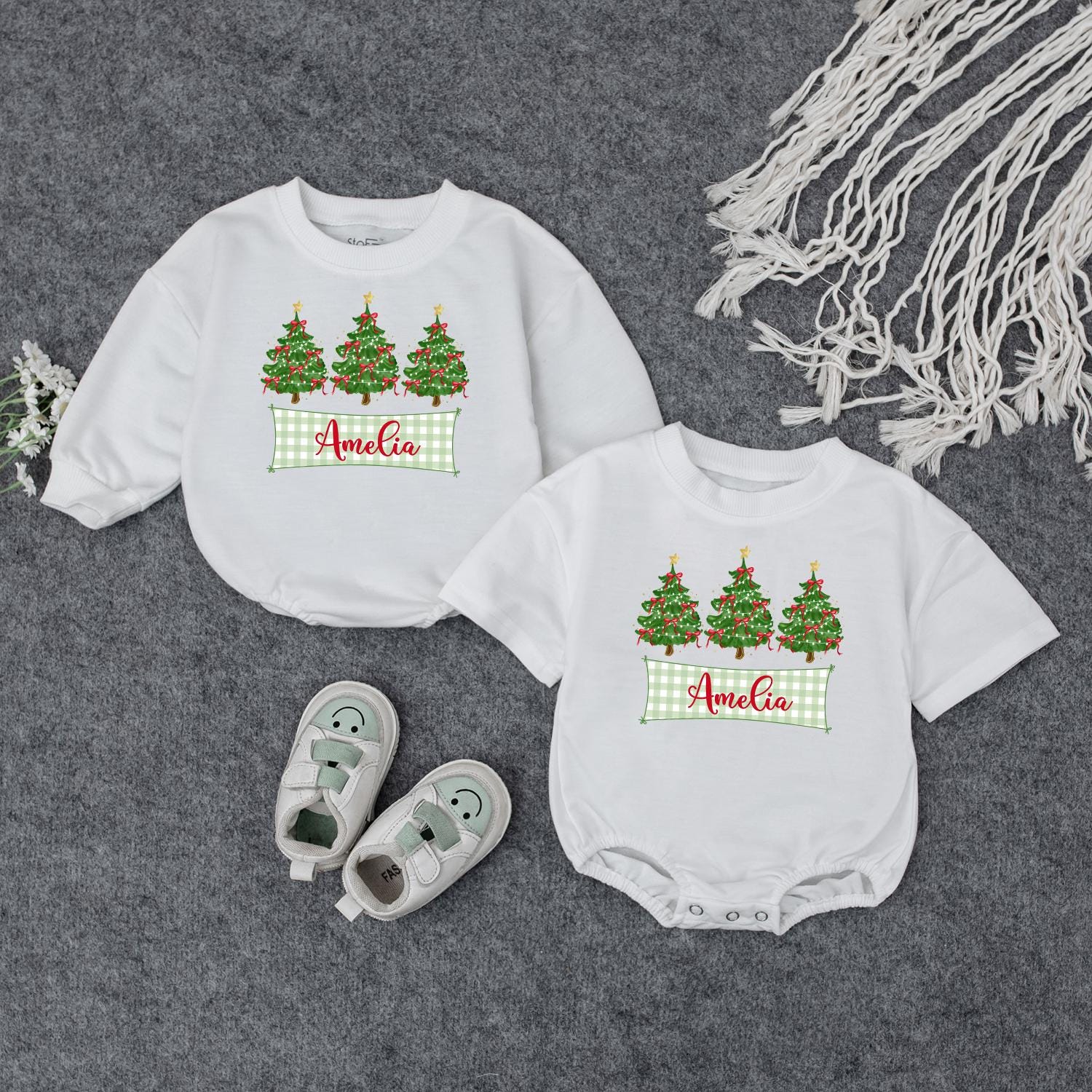 Personalized Baby's First Christmas Romper with Checkered Banner & Trees | Custom Name Xmas Outfit Cute Newborn Holiday Gift Bodysuit for Amelia 139 chars