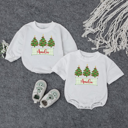Personalized Baby's First Christmas Romper with Checkered Banner & Trees | Custom Name Xmas Outfit Cute Newborn Holiday Gift Bodysuit for Amelia 139 chars