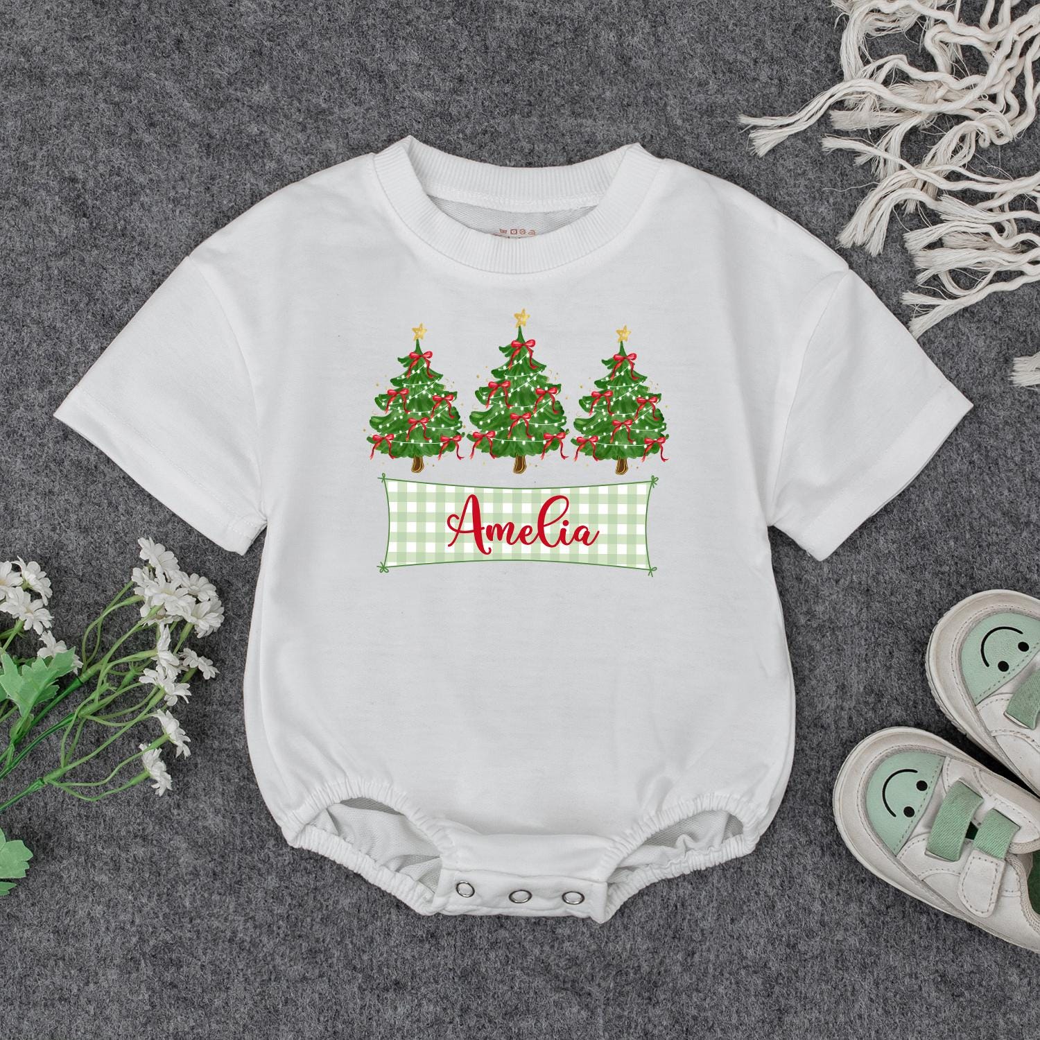 Personalized Baby's First Christmas Romper with Checkered Banner & Trees | Custom Name Xmas Outfit Cute Newborn Holiday Gift Bodysuit for Amelia 139 chars