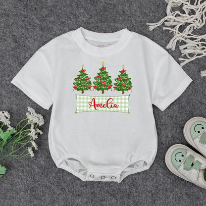Personalized Baby's First Christmas Romper with Checkered Banner & Trees | Custom Name Xmas Outfit Cute Newborn Holiday Gift Bodysuit for Amelia 139 chars